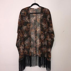 Lush floral kimono with black fringe